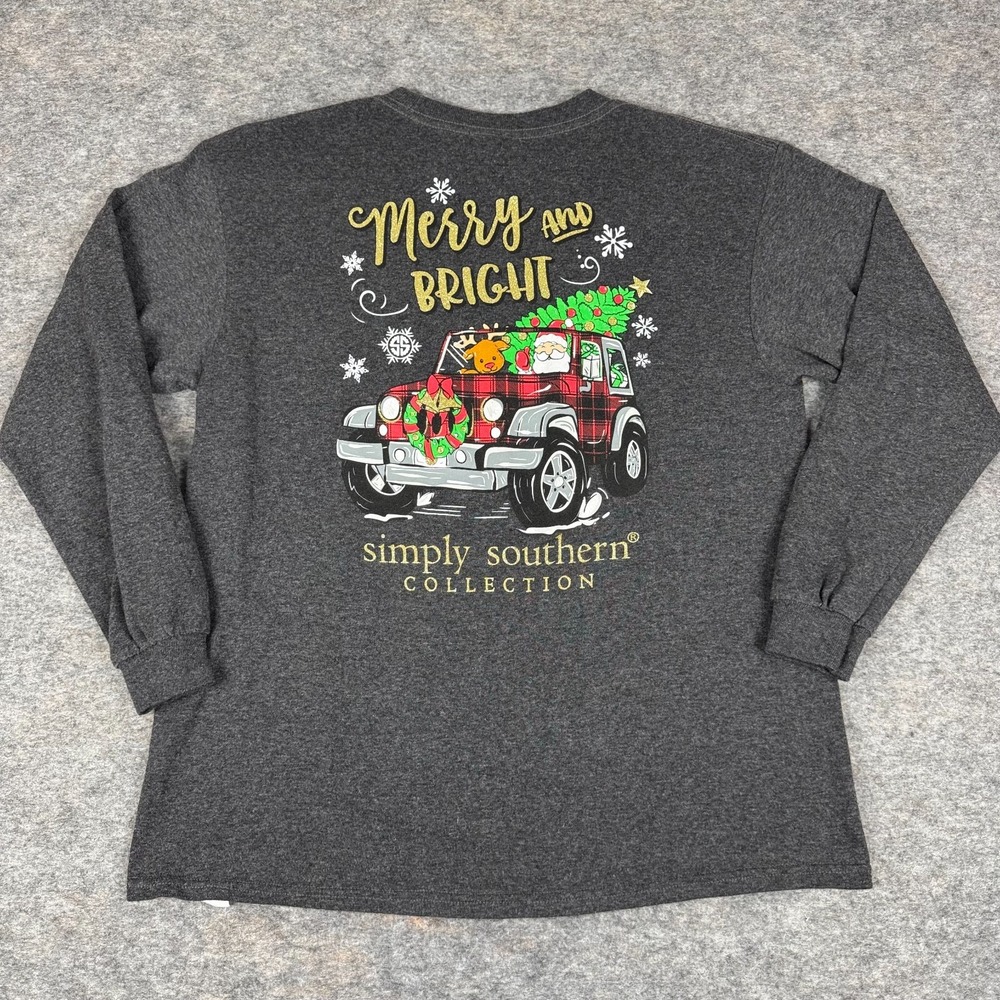 Simply Southern Long Sleeve T-Shirt Christmas Merry Bright Gray Girls Large L